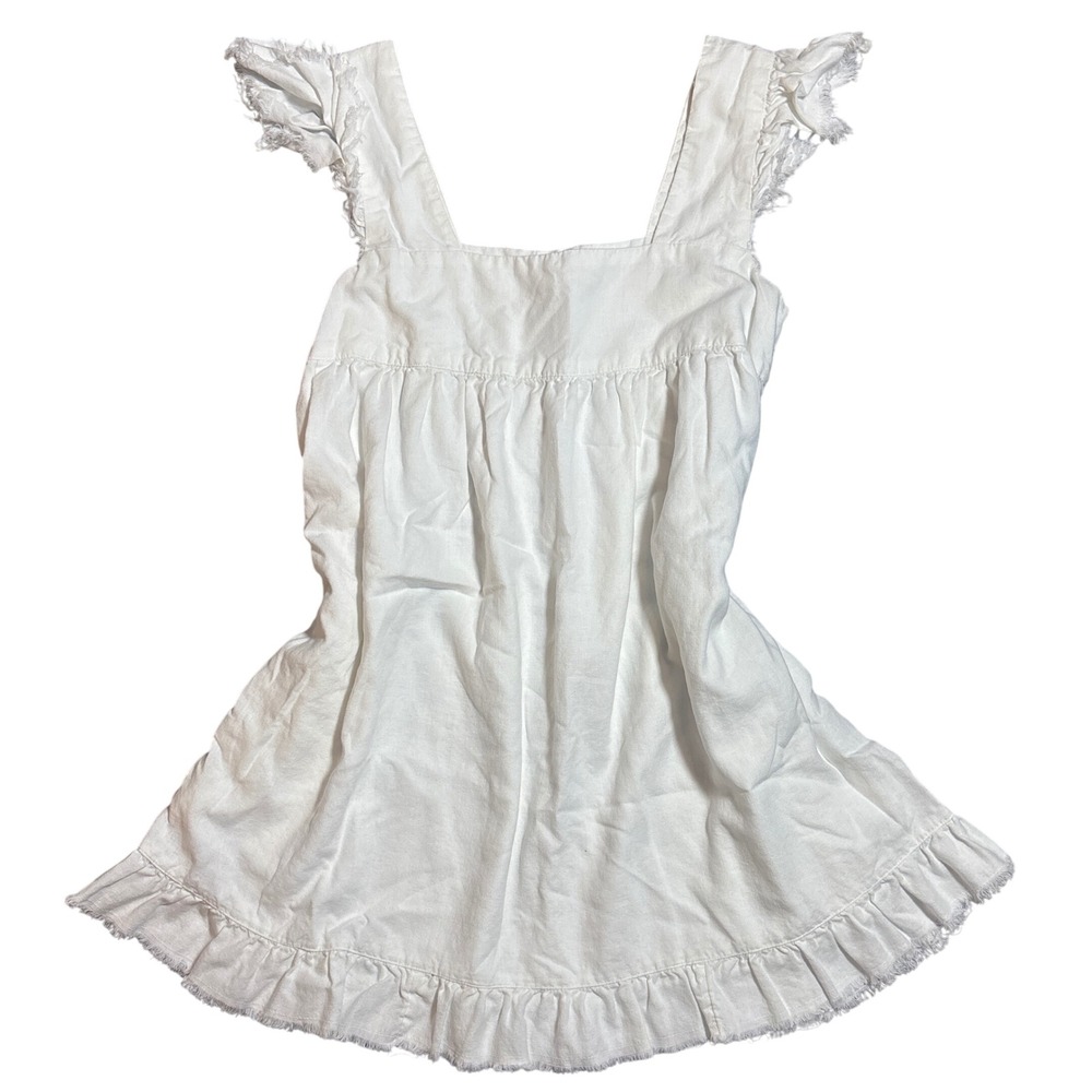 Aerie Ruffle Mini Dress Small White Frayed Edge Square Neck Sun Dress
